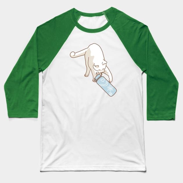 White cat knocking blue water bottle Baseball T-Shirt by Wlaurence